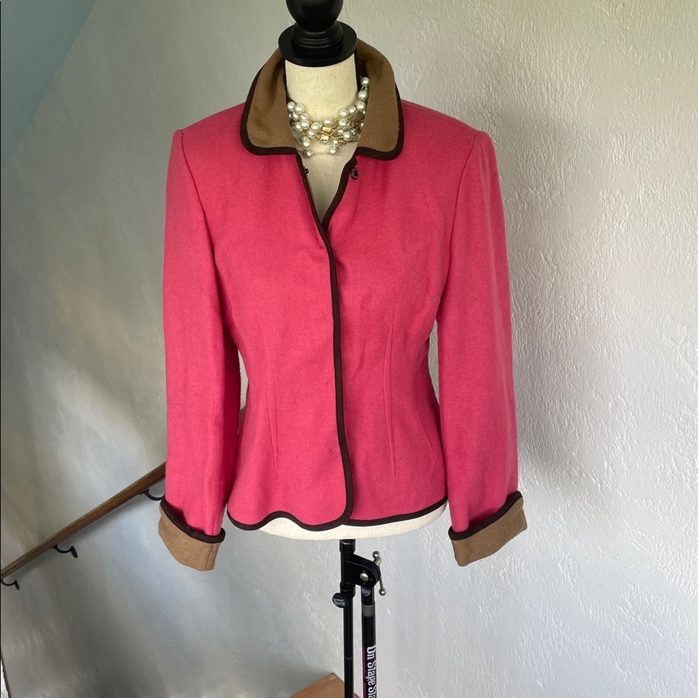 Evan Picone‎ Women’s Pink & Brown Trim Wool Blend Retro Style Blazer - Size 6